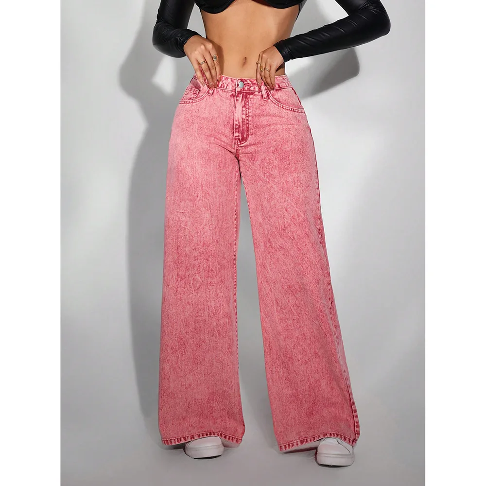 Jeans Dames Denim Wijde Pijpen Broek Vintage Rechte Broek Verontruste Gewassen Zakken Hoge Taille Streetwear 2025, Vloerlengte