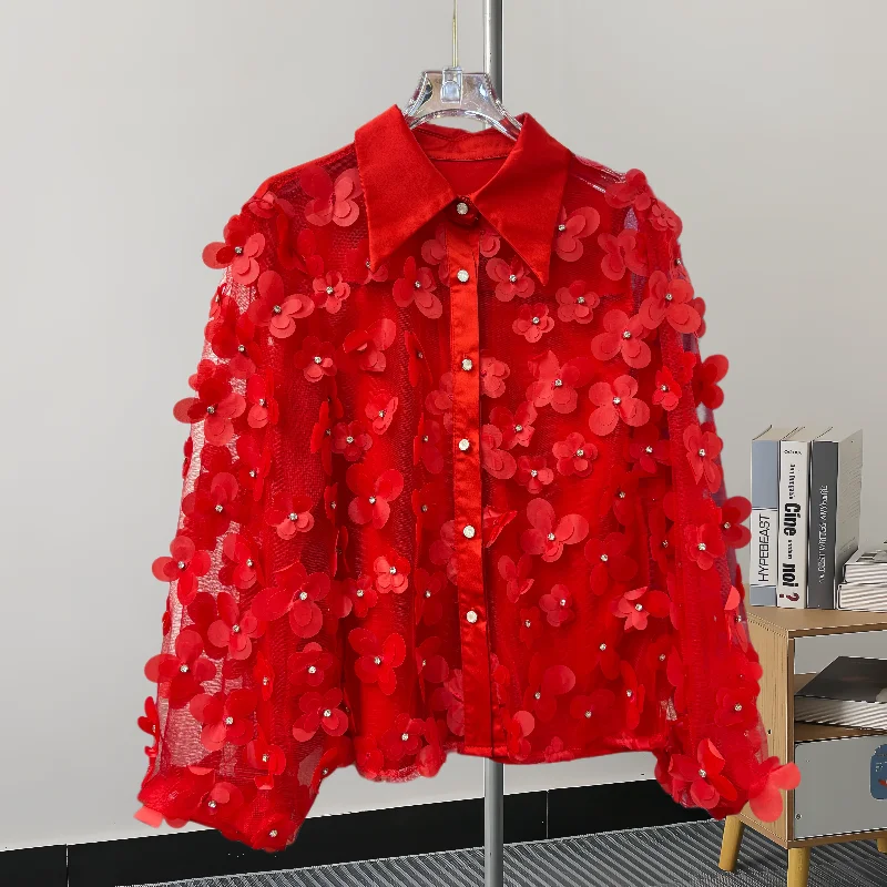 

Lace hook flower hollow short sleeved ruffle edge top with stylish design, high-end slimming top for women's fashion