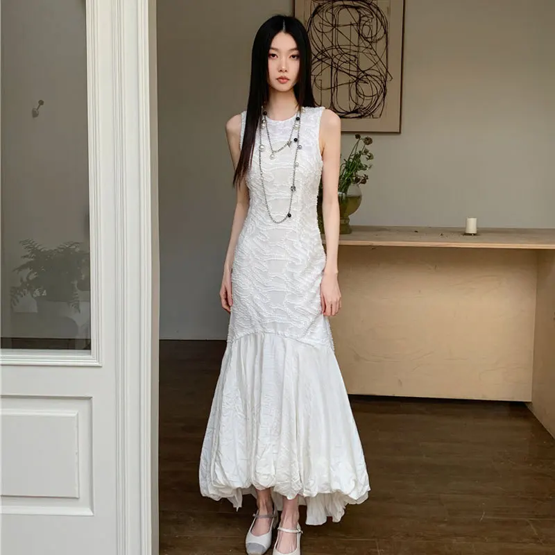 

Women's white dress with unique , waist-cinching, slim fit, figure-flattering, bud skirt, elegant spaghetti strap long dress