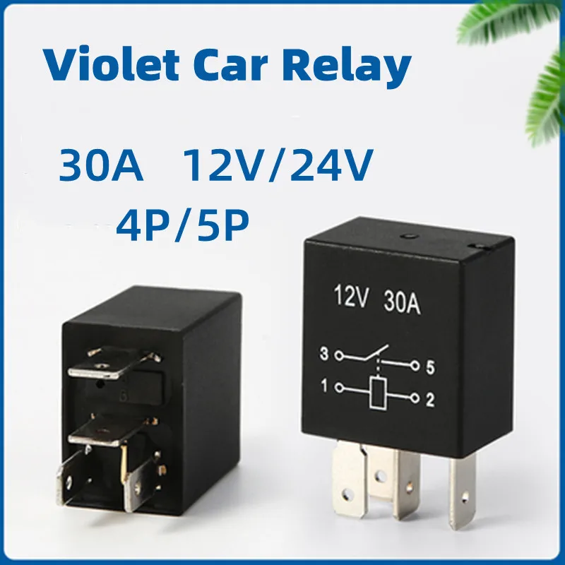 High Quality Violet Car Relay 5 Feet 30A 12V 24V 5P 4P Air Conditioner Oil Pump Truck Automotive Relay Spotlight Changeover