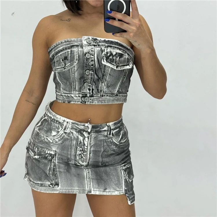 Graffiti Denim Fashion Pocket Cargo Mini Skirts Two Piece Sets Women Strapless Button Tops + Skirts Outfits