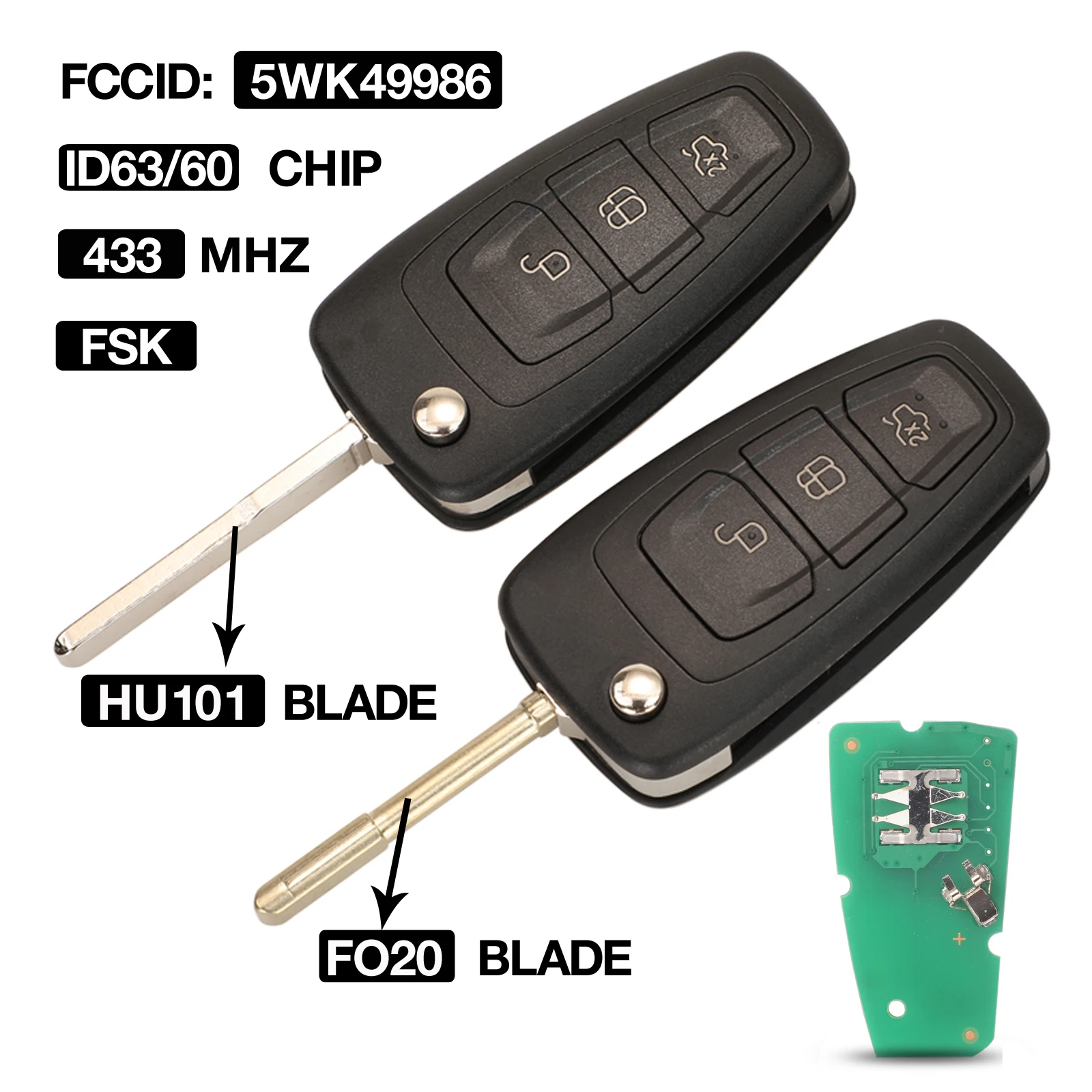 

jingyuqin FCCID 5WK49986 3BTN Smart Folding Remote Key 433MHZ FSK ID60/63 Chip For Ford Focus MK3 and T6 Ranger FO21 HU101 Blade