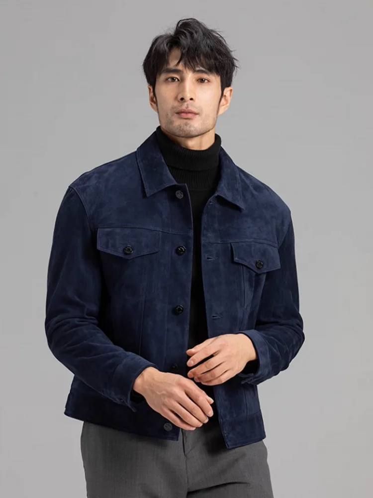 Italian Designer Men Autumn Business Work Real Suede Leather Jacket Slim Fit Single Breasted Short Genuine Leather Coat Outwear