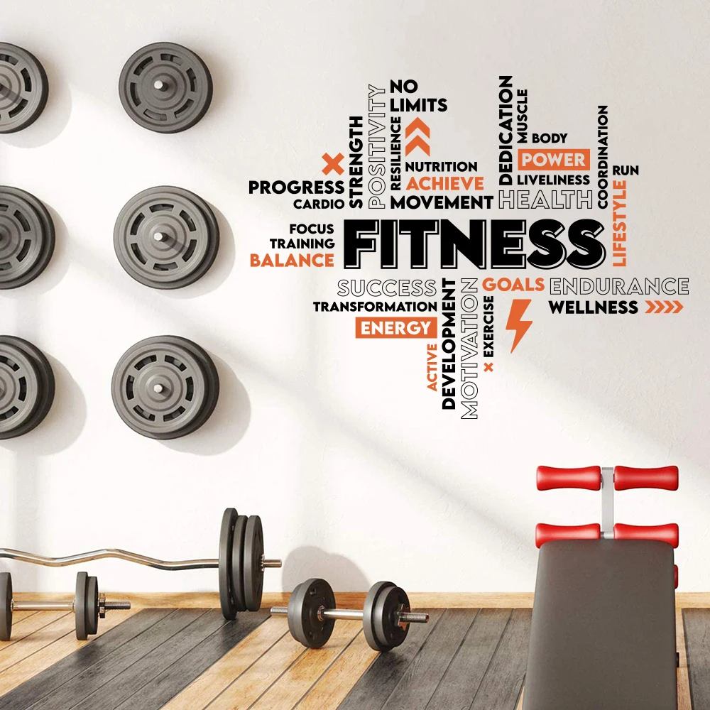 Large Fitness Words Inspirational Quote Wall Sticker Gym Crossfit Training Power Motivational Quote Wall Decal  Home Decor