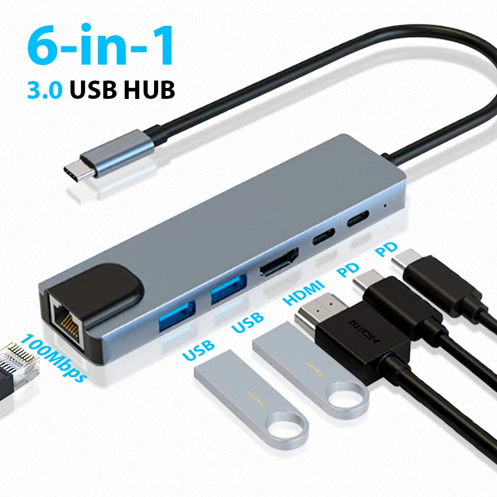 

Hub USB Type C 6 in1 Multi-Interface Laptop Docking Station Supports 65W Reverse Charging Laptop Universal USB Interface 4K 30Hz