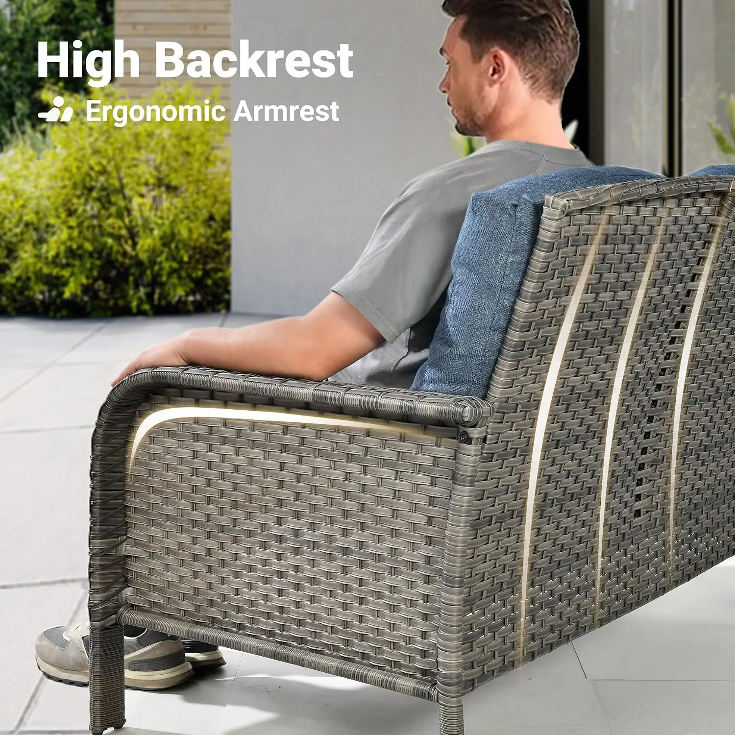 2-Piece Wicker Patio Sofa Set, High Back Rattan Chair with Comfy Cushions for Porch Yard Deck, Denim Blue, Customized image 2