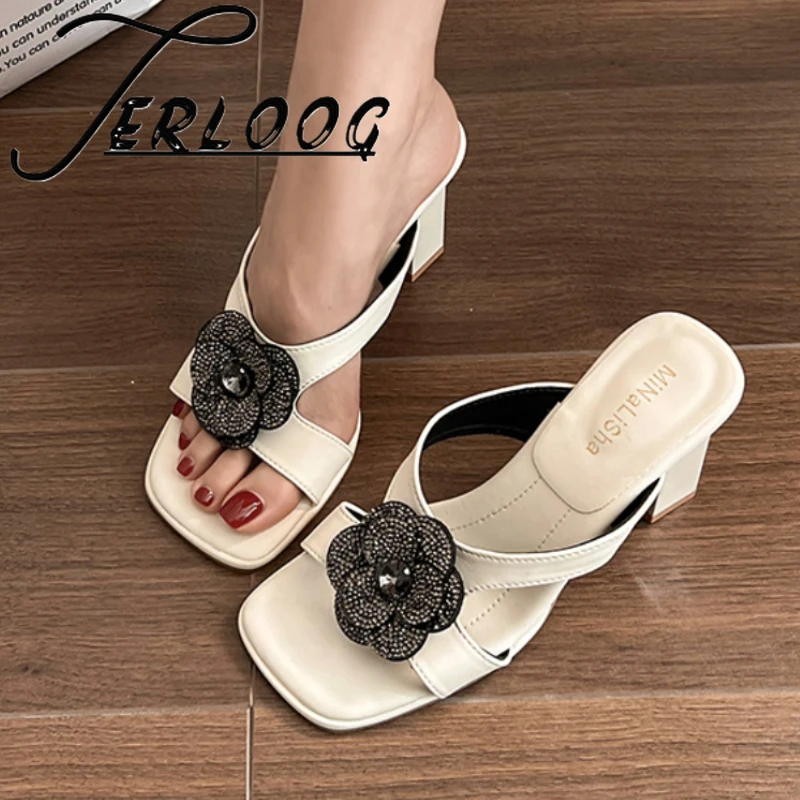 

Crystal Flower Women High Heels Sandals Square Toe Chunky Slippers Slingback New Shoes 2025 Summer Brand Dress Woman Party Pumps