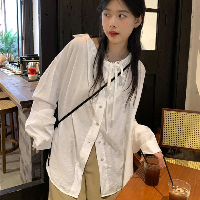 Shirts Women Loose O-neck Tops Lazy Bandage Simple Summer Girlish Casual Tender Camisas Daily Ulzzang Sun-proof Classic Students