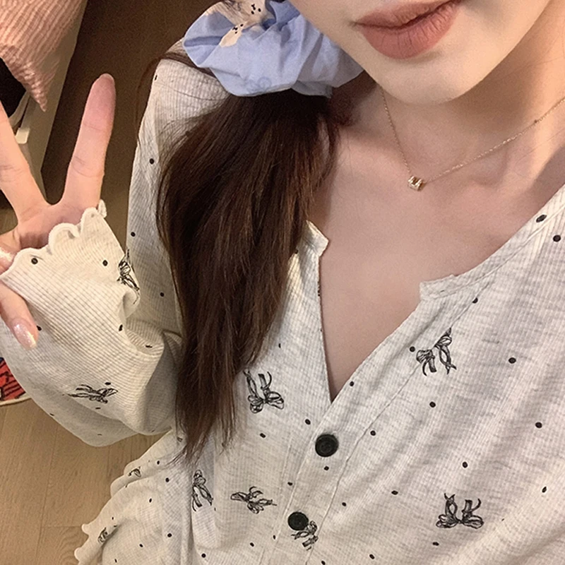 レトロフルプリント甘いちょう結びパジャマセット女性の夏のカーディガン長袖ズボンルーズホーム服スーツ