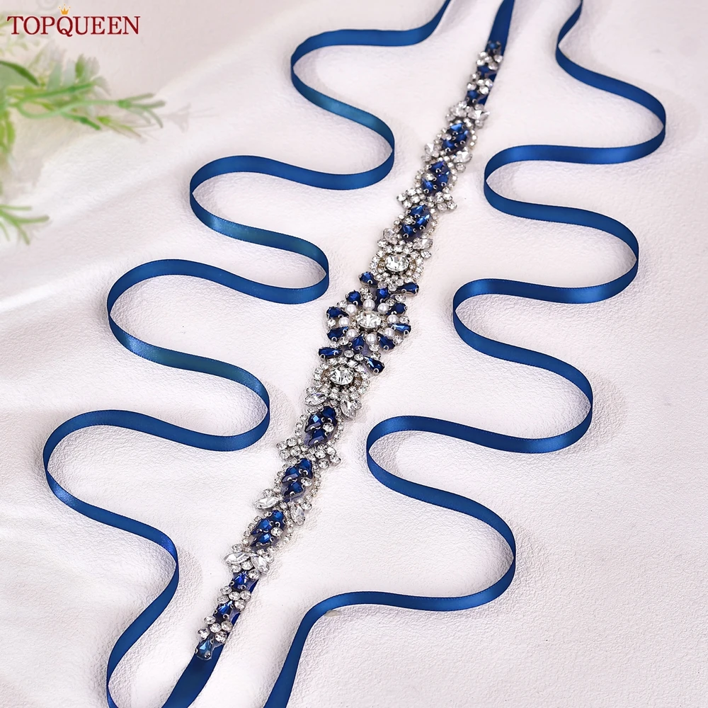 TOPQUEEN Luxury Navy Blue Rhinestone Wedding Belt Bridal Sash Belt For Women Prom Evening Dress S351