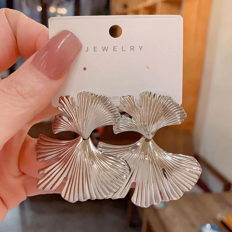 Gold Silver Plated Double Ginkgo Leaf Earrings Textured Metal Dangle Earring for Office Lady Everyday Commute Outfit