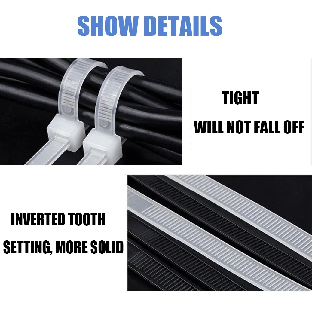 250PCS Cable Ties Self-locking Rings Black White Reusable Nylon Cable Zipper Ties Cables Straps Fastening Loop Removable Ties