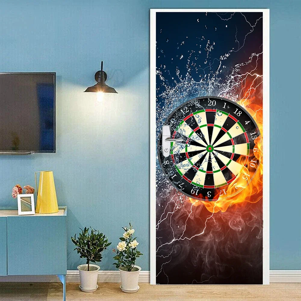 Fashion Sport Music Door Sticker Wallpaper Peel And Stick On Fire Guitar Ball Skull Door Poster for Bedroom Living Room Decor