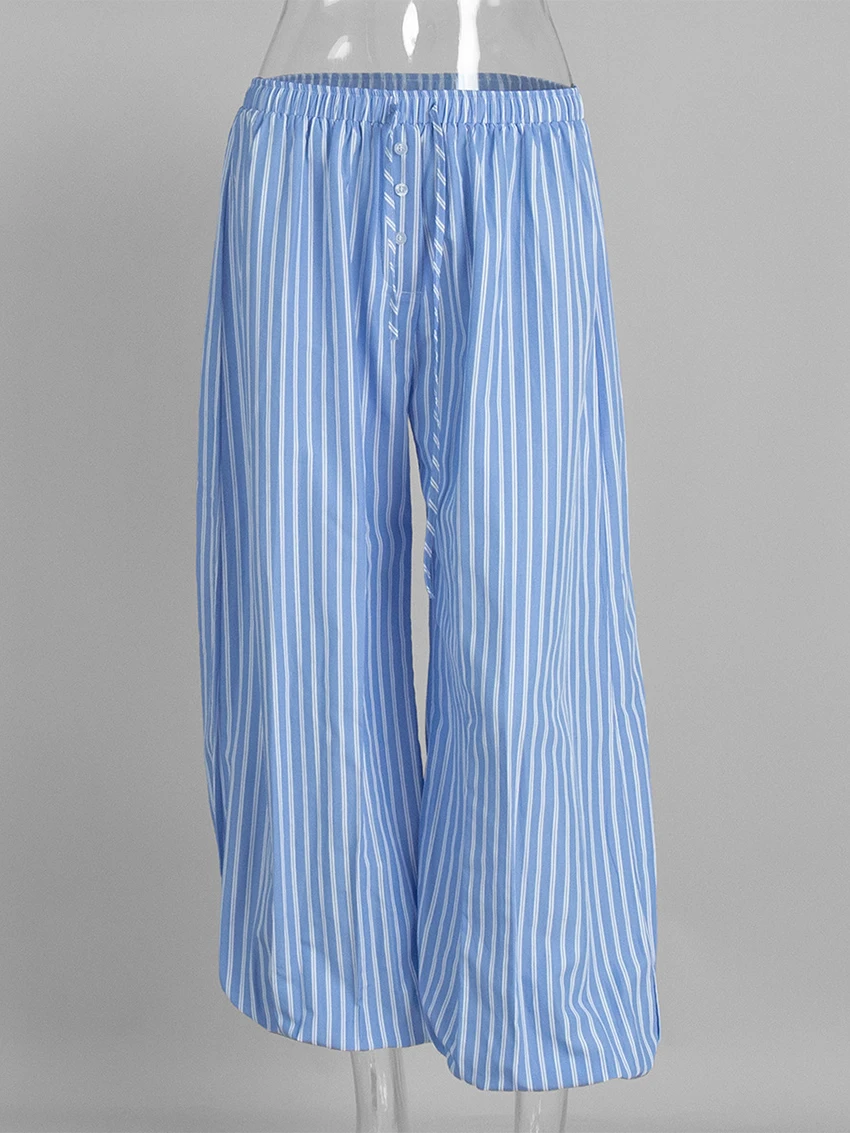 Parc Fee Fashion Loose Blue Stripe Women's Pants 2025 Casual High Waist Wide Trousers Elegant Classic Full Length Pants Female