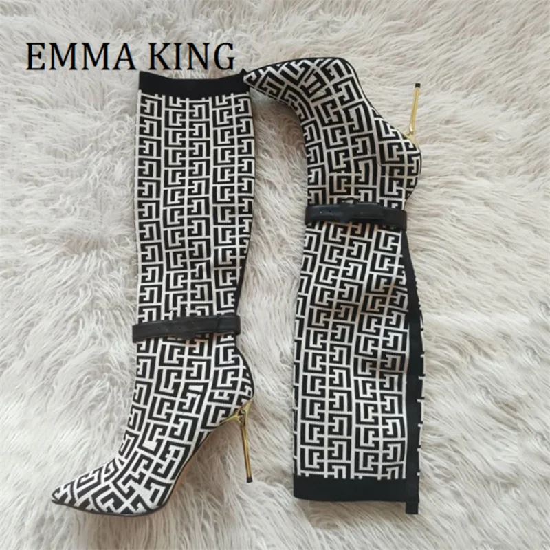 

Women Stretch Sock Boots Fashion Monogram Knitting Boots Sexy Pointed Toe Golden Heels Thigh High Botas Fall Winter Shoes Woman