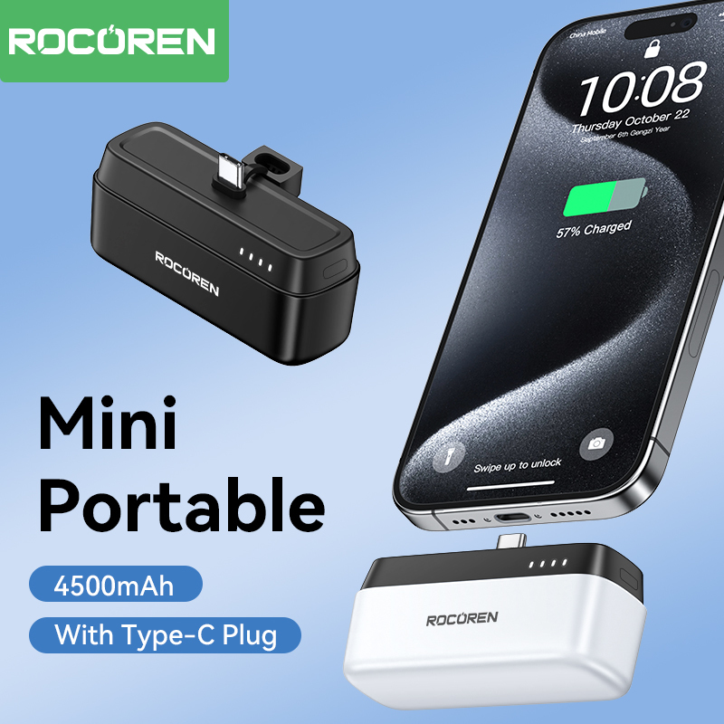  Rocoren Mini Power Bank 4500mAh Portable Charger with USB-C Connector Stand Emergency Battery Powerbank For iPhone 15 Xiaomi mi 