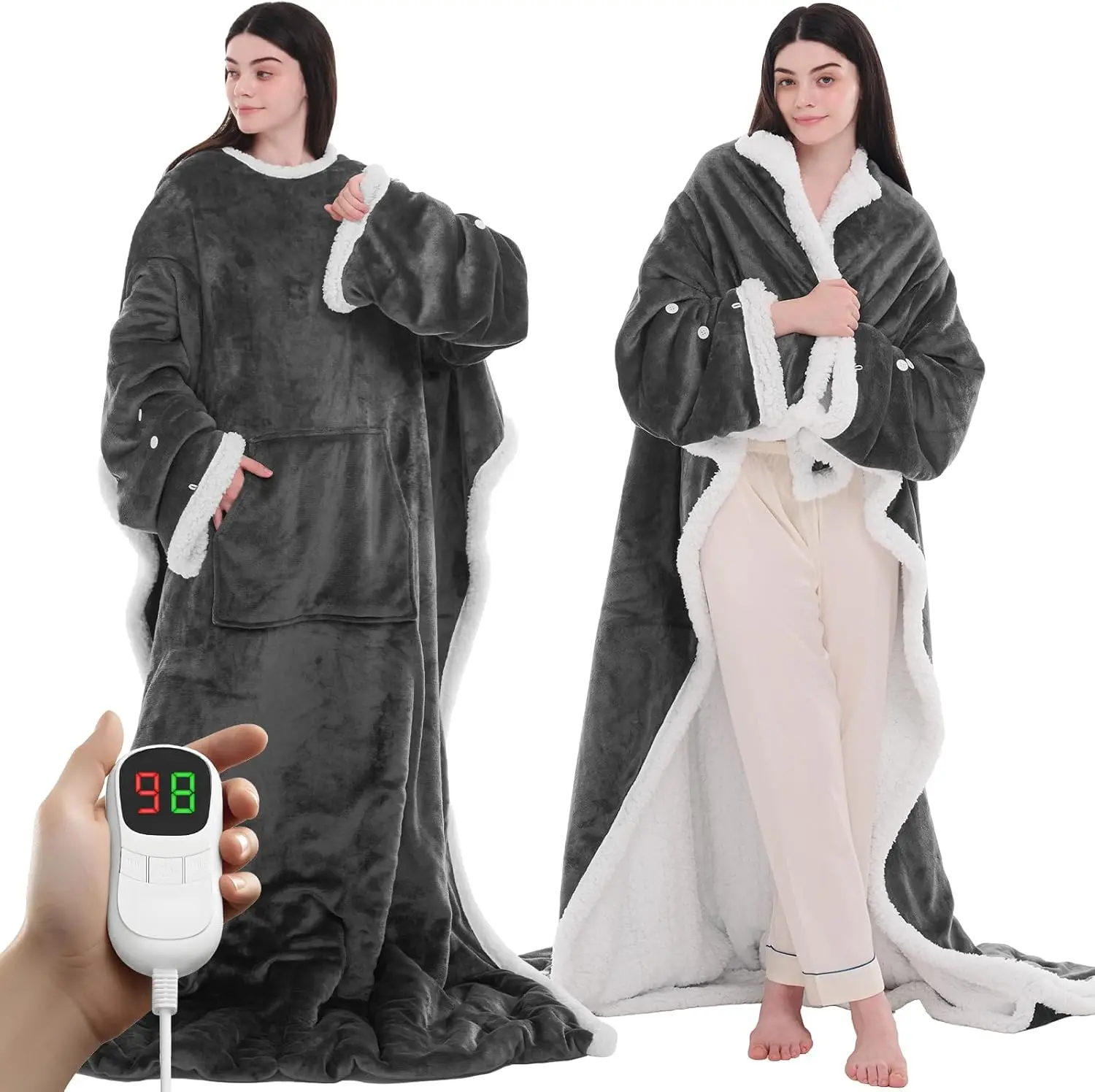 

Heated Electric Blanket Shawl with 10 Heat Levels & Timer, Wearable Hoodie Wrap in Grey