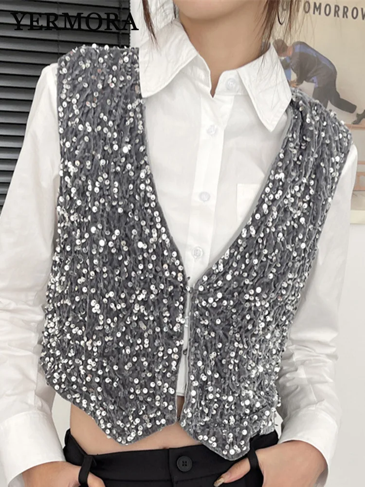 

YERMORA Gray Sequins Brief Velvet Buckle Casual Vest For Women V-neck Sleeveless Loose Coat Fashion Tide Spring Summer 2025
