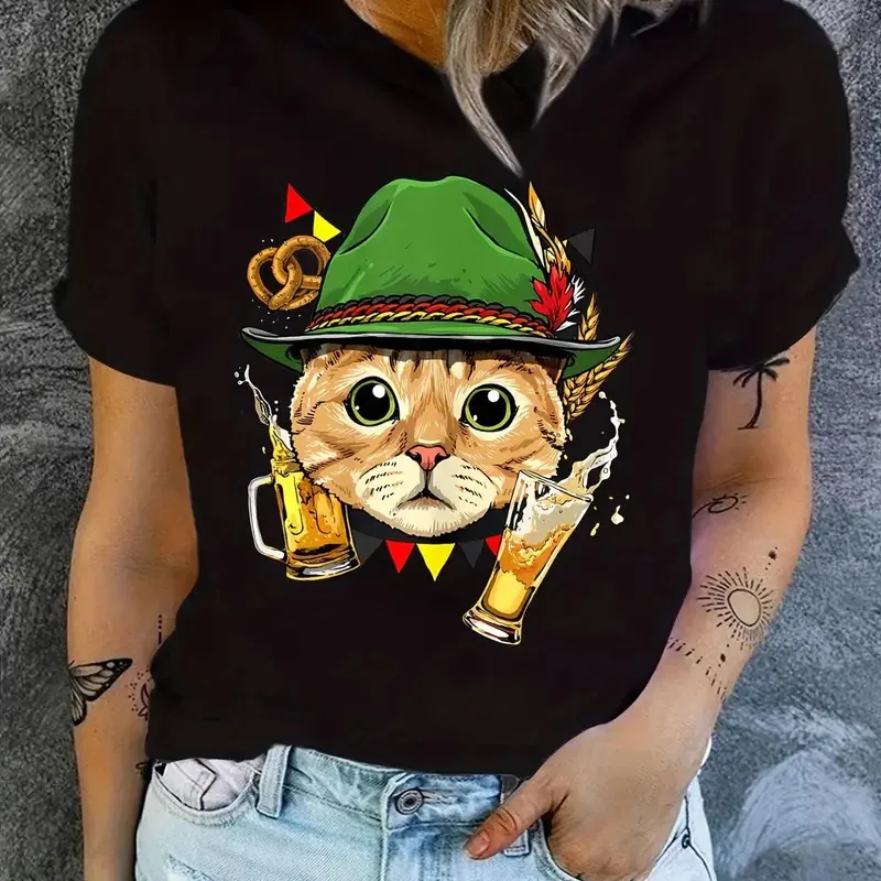 Cfotton  100% Women Summer Street Fashion Sports T Shirt Beer Short-sleeved Round-neck Women Clothing Tops Summer