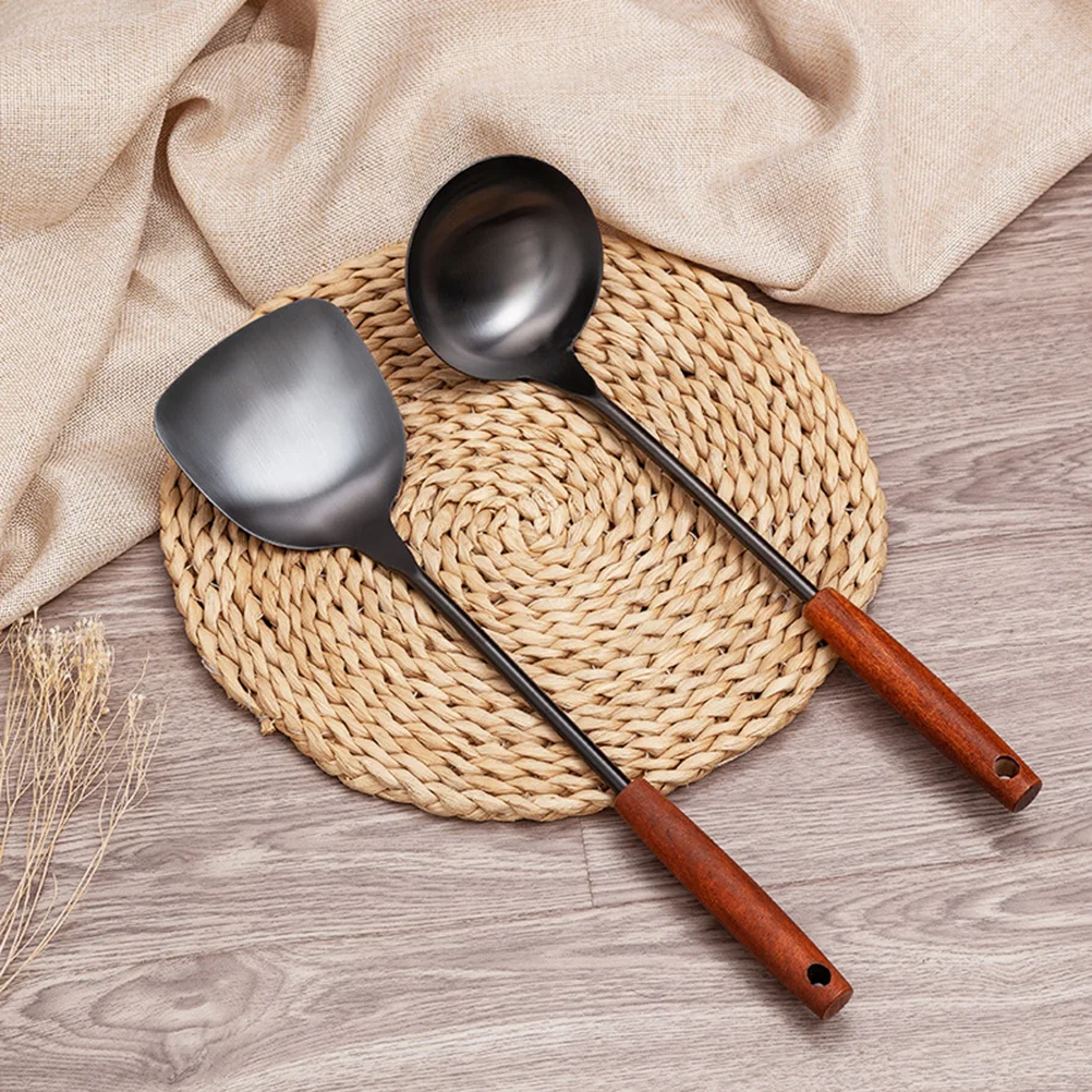 

Frying Spatula Stainless Steel Spoon Wood Handle Kitchen Cooking Ladle Soup Scoop Heat Resistant Easy Clean Storage