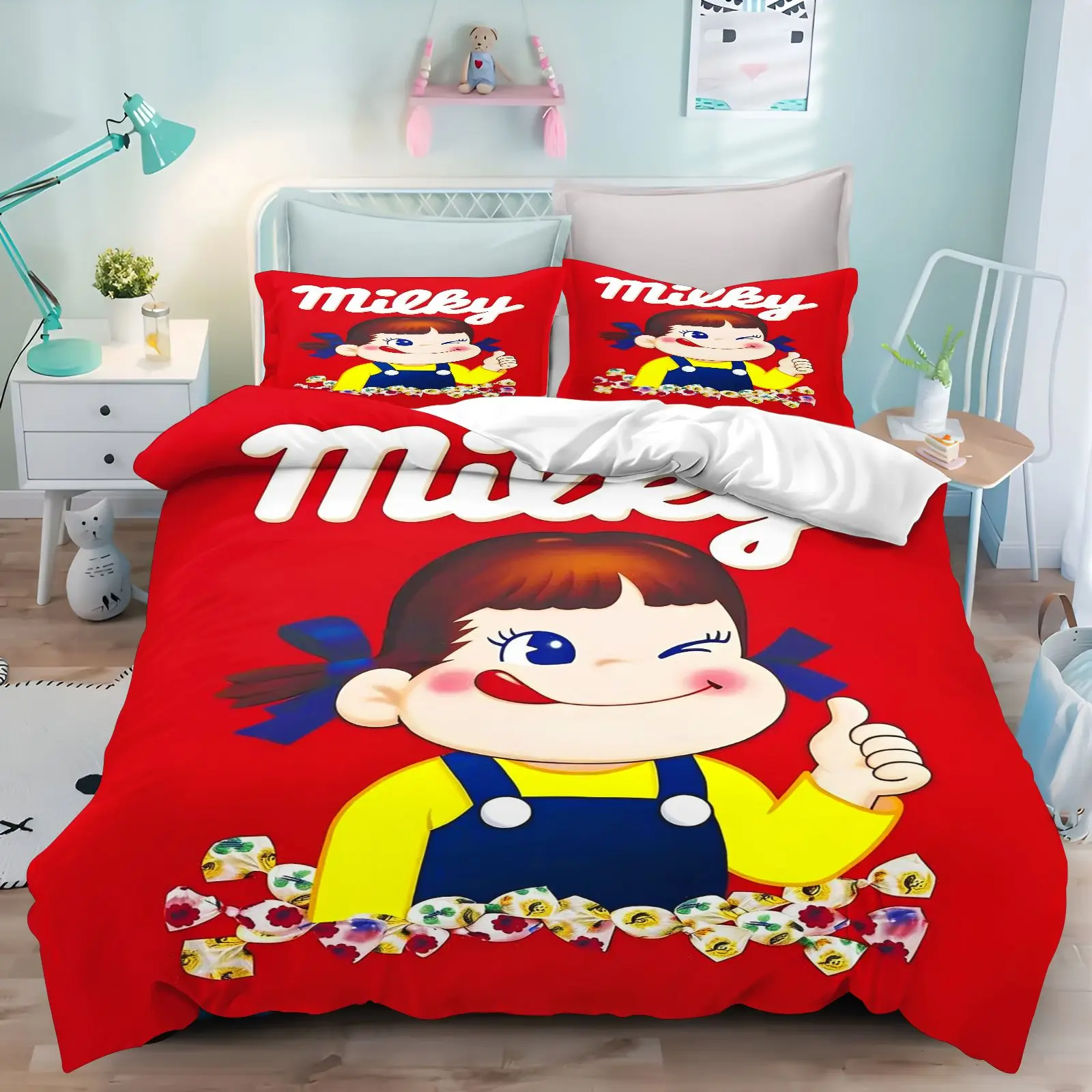 Fujiya Milky Peko Chan Duvet Cover Set 3Pcs Cute Wink Girl Red Print Bedding Soft Microfiber Quilt Cover for Girls Bedroom