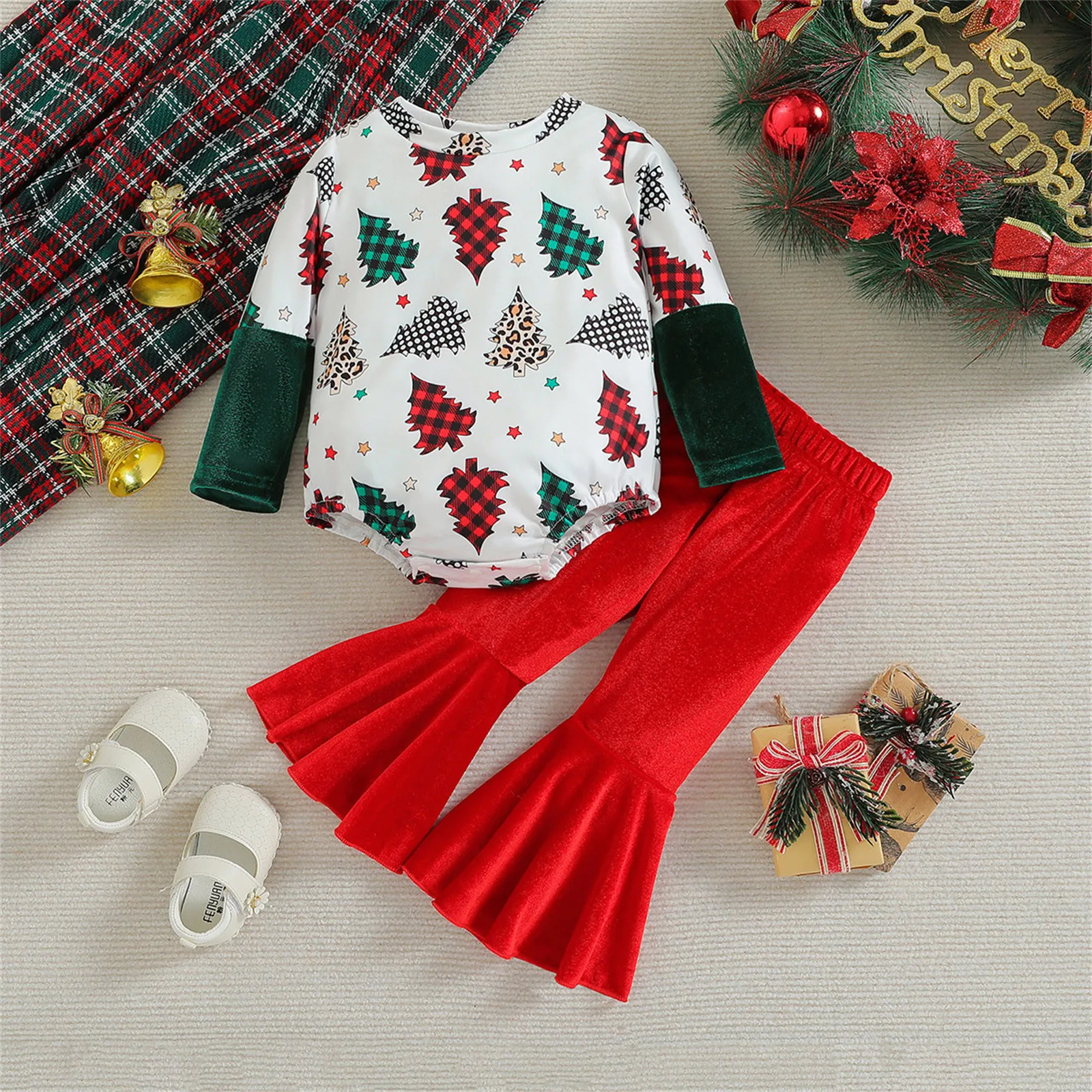 Kerst Tweedelige Sets Baby Meisjes Kerst Kleding Kerstboom Print Lange Mouwen Romper Fluwelen Flare Broek 0-18M Herfst Outfit