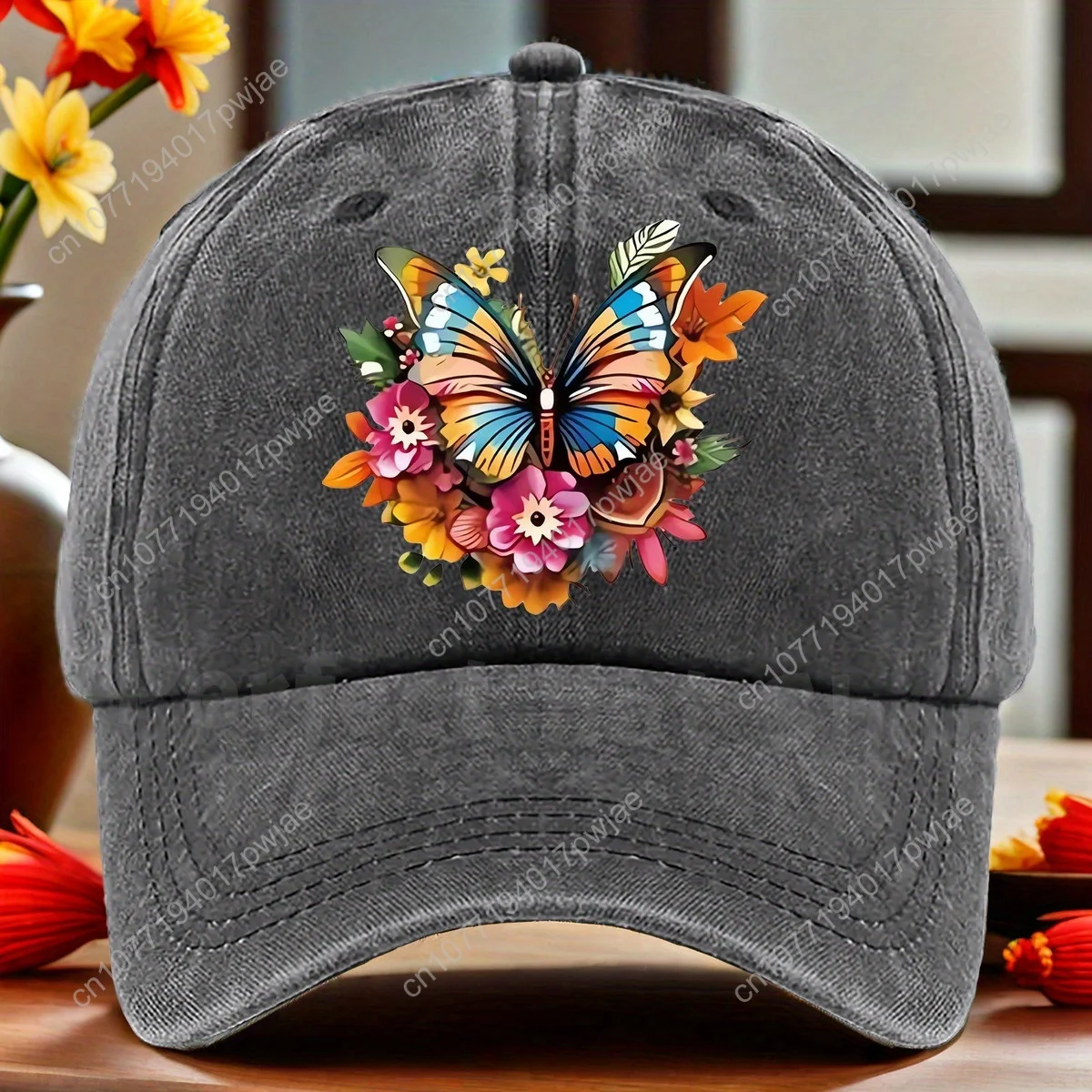 Baseballpet met bloemenvlinderprint voor dames - Verstelbare ademende hoed met levendige kleuren, wasbaar in de machine en meerkleurige opti