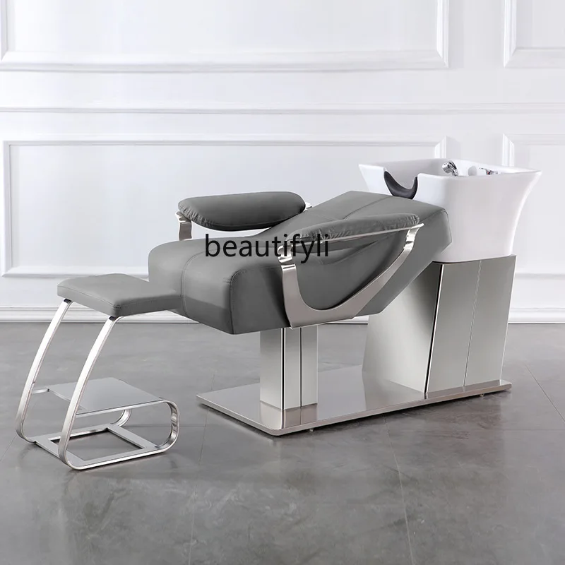 Barber Shop Shampoo Chair for Hair Salon Lying Half Ceramic Basin Thai Head Massage Therapy Bed Stainless Steel Flushing Bed