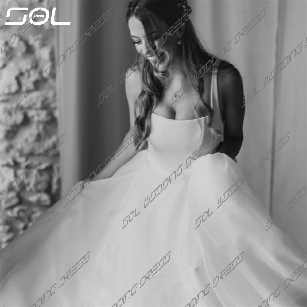 SOL Simple Spaghetti Straps Square Collar Satin Wedding Dresses A-Line Bride Robes Backless Bridal Gowns Vestidos De Novia