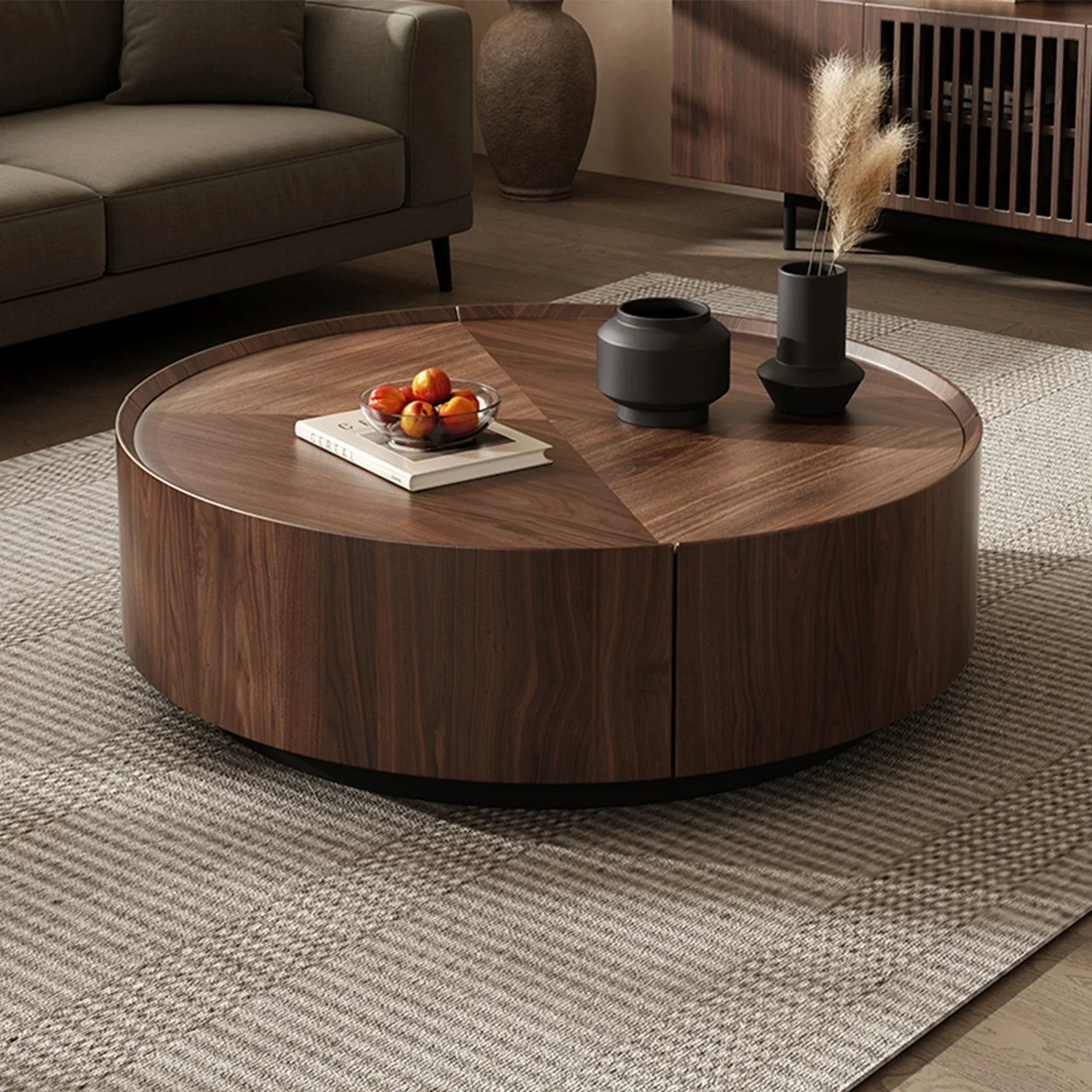 Walnut Round Coffee Table With 2 Storage Drawers Mid Century Style Solid Wood Living Room Center Tables For Home Furniture