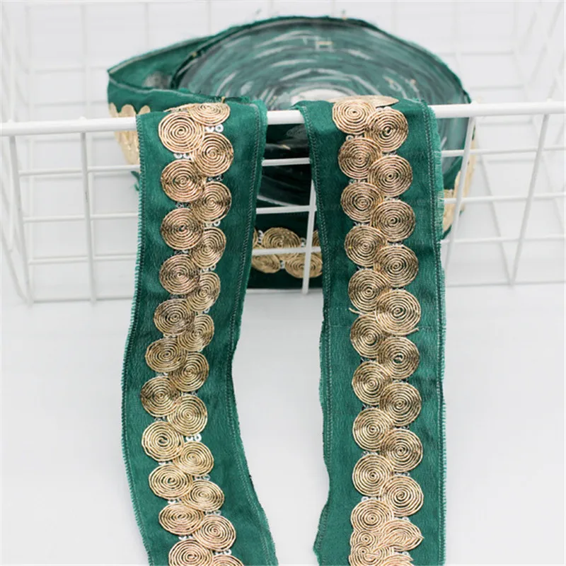 

4.5cm Wide Green Bottom Gold Strands Ethnic Style Embroidery Lace Clothing Flower Bar Code Shoe Accessories