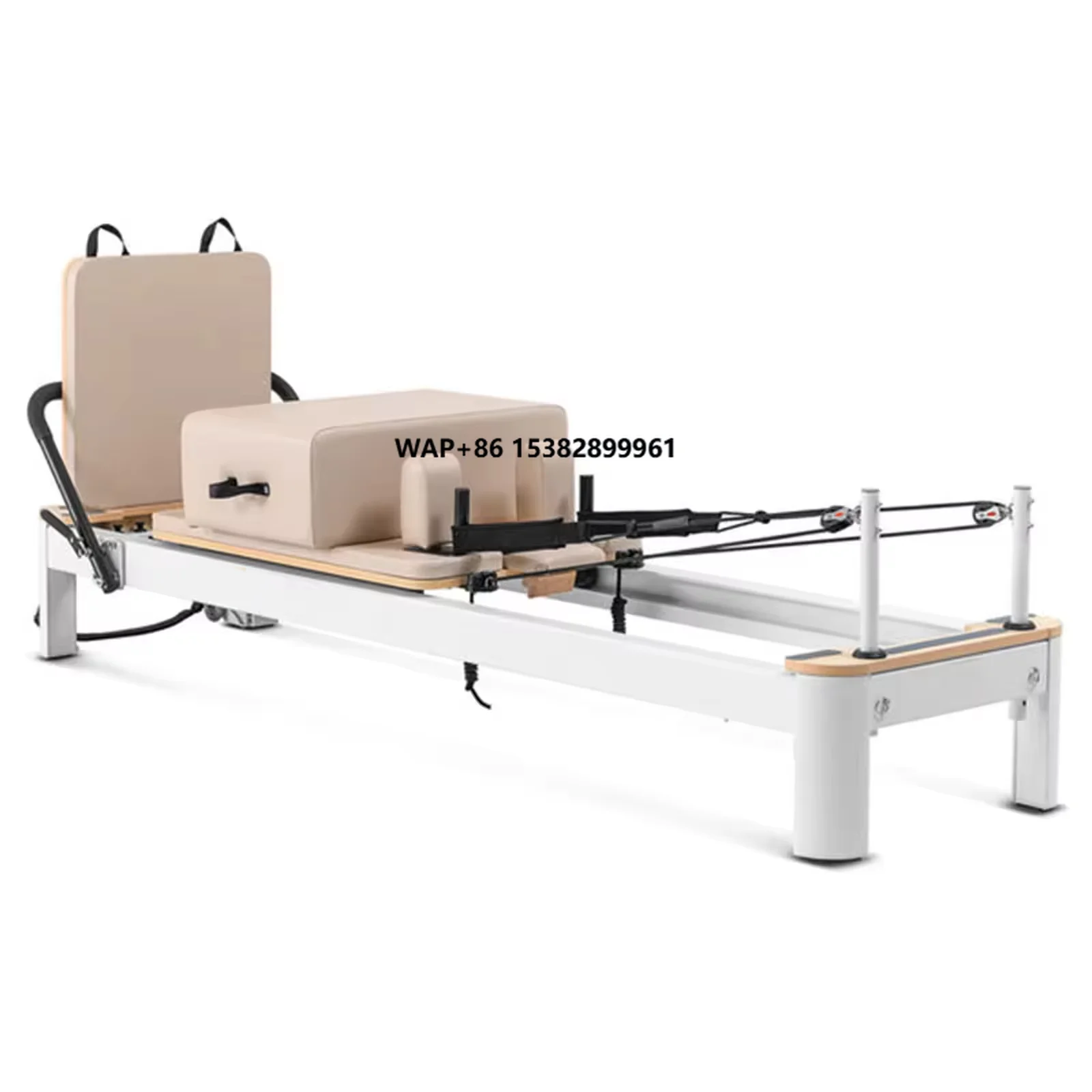 Studio and Personal White Aluminium Pilates Reformer with Sitting Box Extender Double Loop Straps