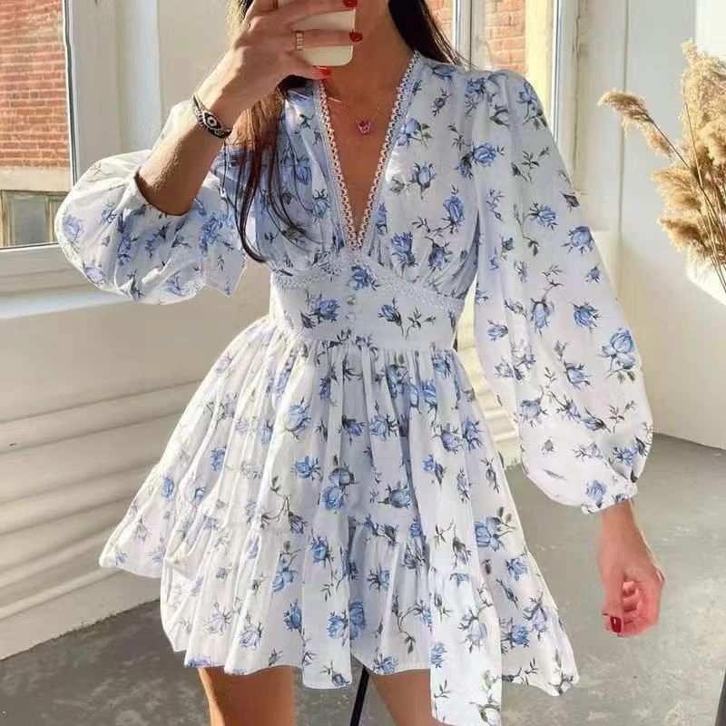 Spring Women Floral Print V Neck Lace Trim Short Sleeve Casual Dress Elegant Sweet Mini Party Daily Wear Vintage Style