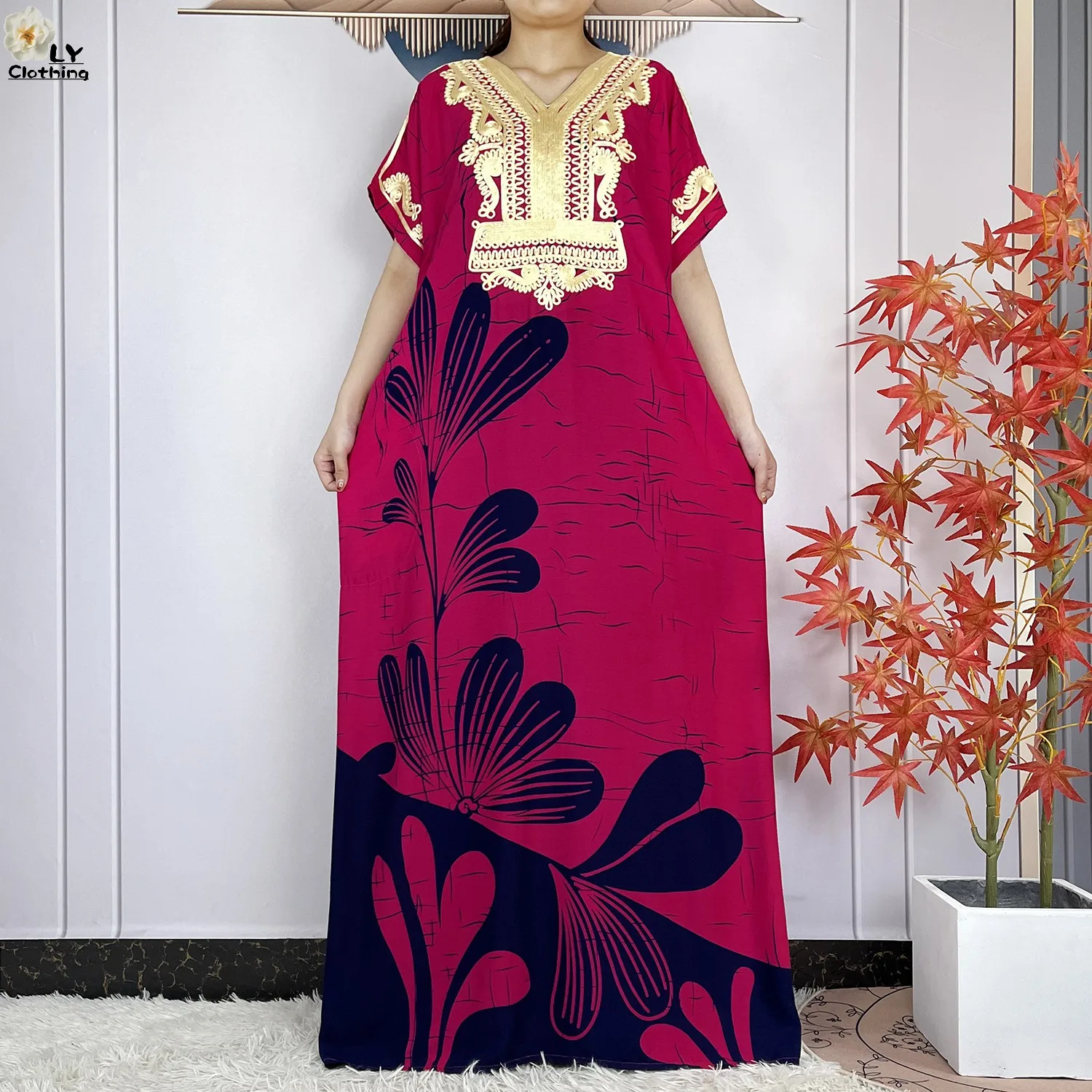 Latest Muslim Summer For Women Printed Floral Cotton Loose Robe 2024 African Dashiki Islam Femme Short Sleeve Dresses With Scarf