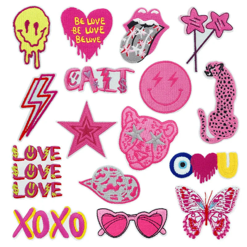 

Summer Hot Pink Glasses Mouth Melt Face Iron-on Sew Embroidery Badge Patches DIY T-shirt Hat Backpack Clothing Appliques Sticker
