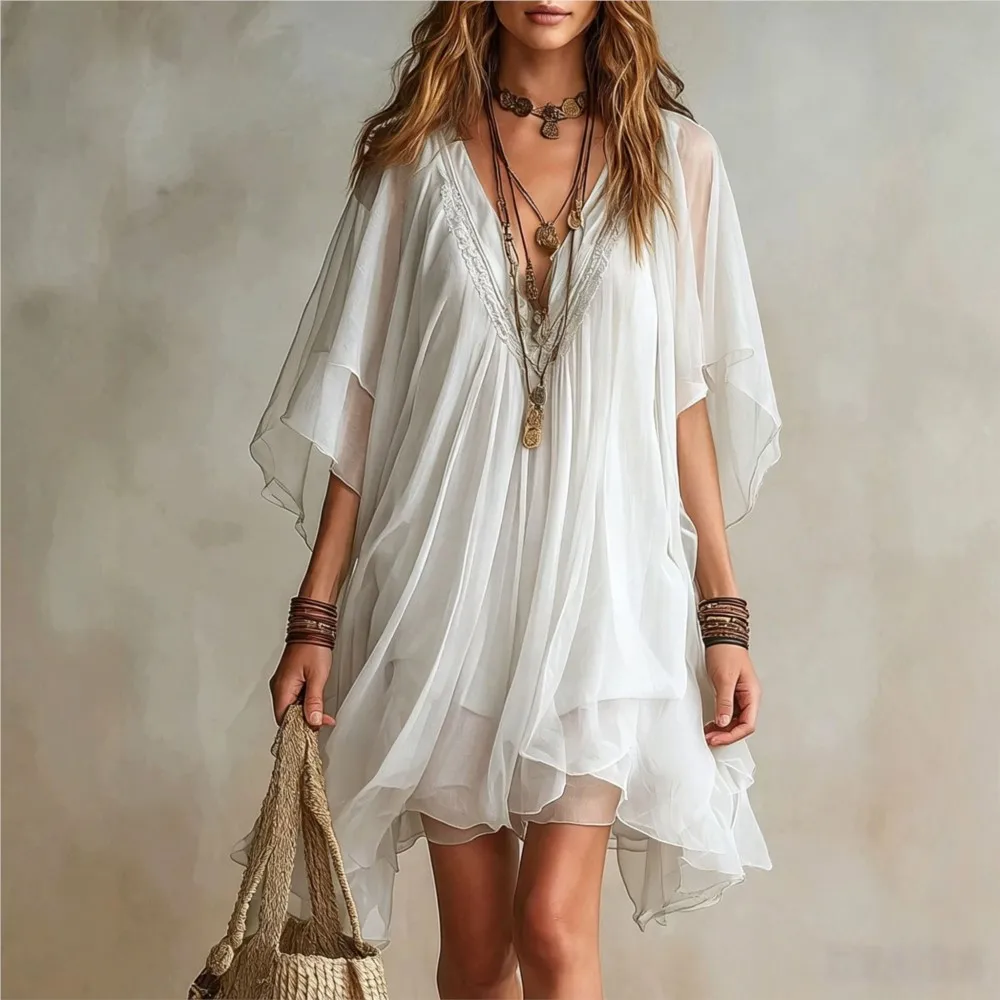 Summer Solid V-neck Loose Mini Dresses Set Women Spaghetti Strap Dress With Perspective Cover Up Beach Vacation Dress 2pcs Sets - view 5
