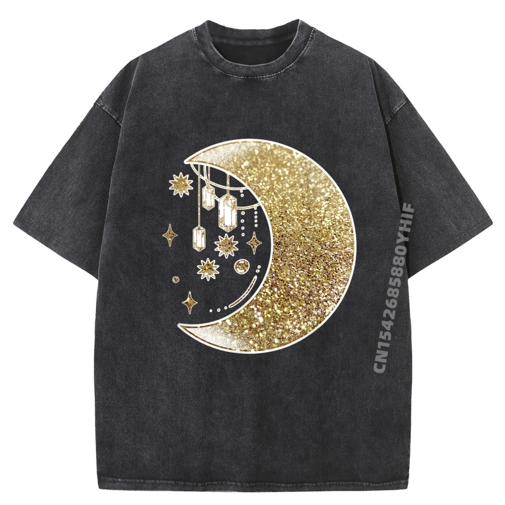 

Yellow Half Crescent Moon Stars Ornaments Galaxy Space Sports T Shirt Men Washed Camisetas De Hombre Mardi Gras