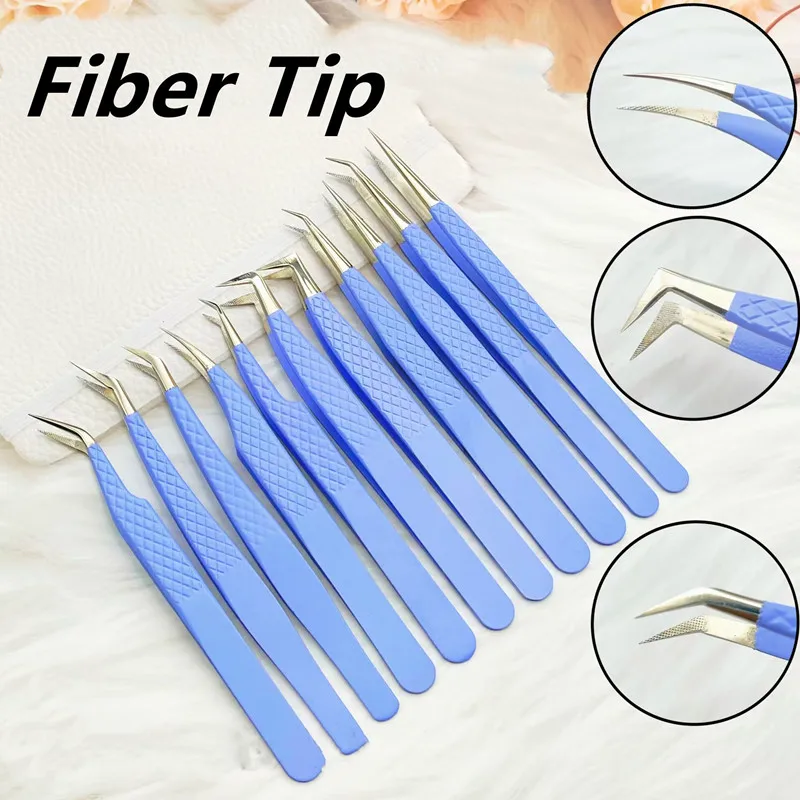 Profissional Fibra Dicas Pinças cílios, Blue Pinças Precision, cílios Pinça com Fiber Tip, Extensões cílios