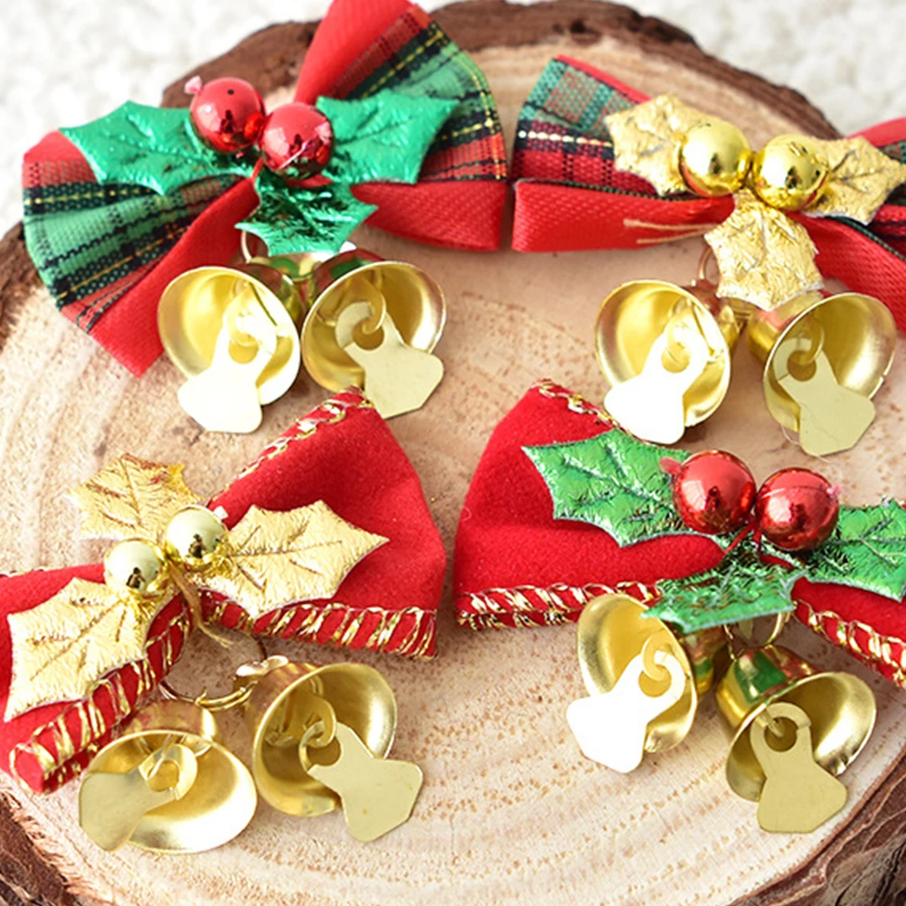 

12pcs Christmas Bowknot With Bell Mini Bows For Tree Decor Green Golden Leaves Pattern Hanging Decoration Diy Hat Wreath Party