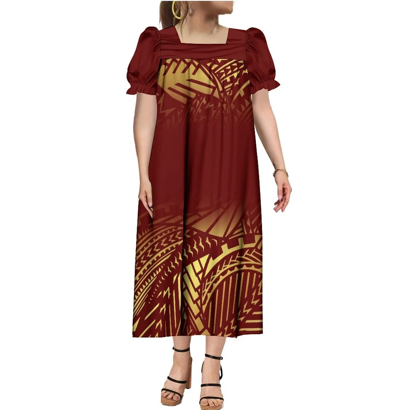 

2024 MUMU Hot Selling Puffed Sleeve Square Collar Dress Printed Polynesian Dress Tribal Ethnic Style Custom Women's Long Dress