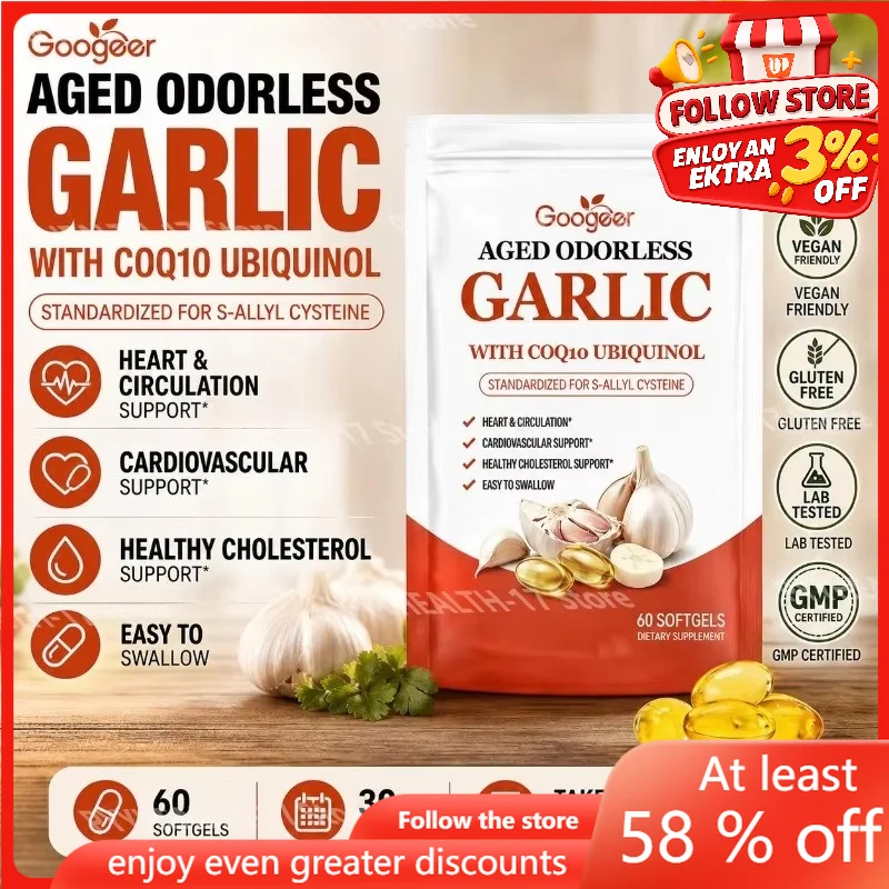 Googeer Aged Odorless Garlic Softgels with CoQ10 Ubiquinol Vitamin K2 (MK-7) for Circulation & Cholesterol Support 60 Softgels