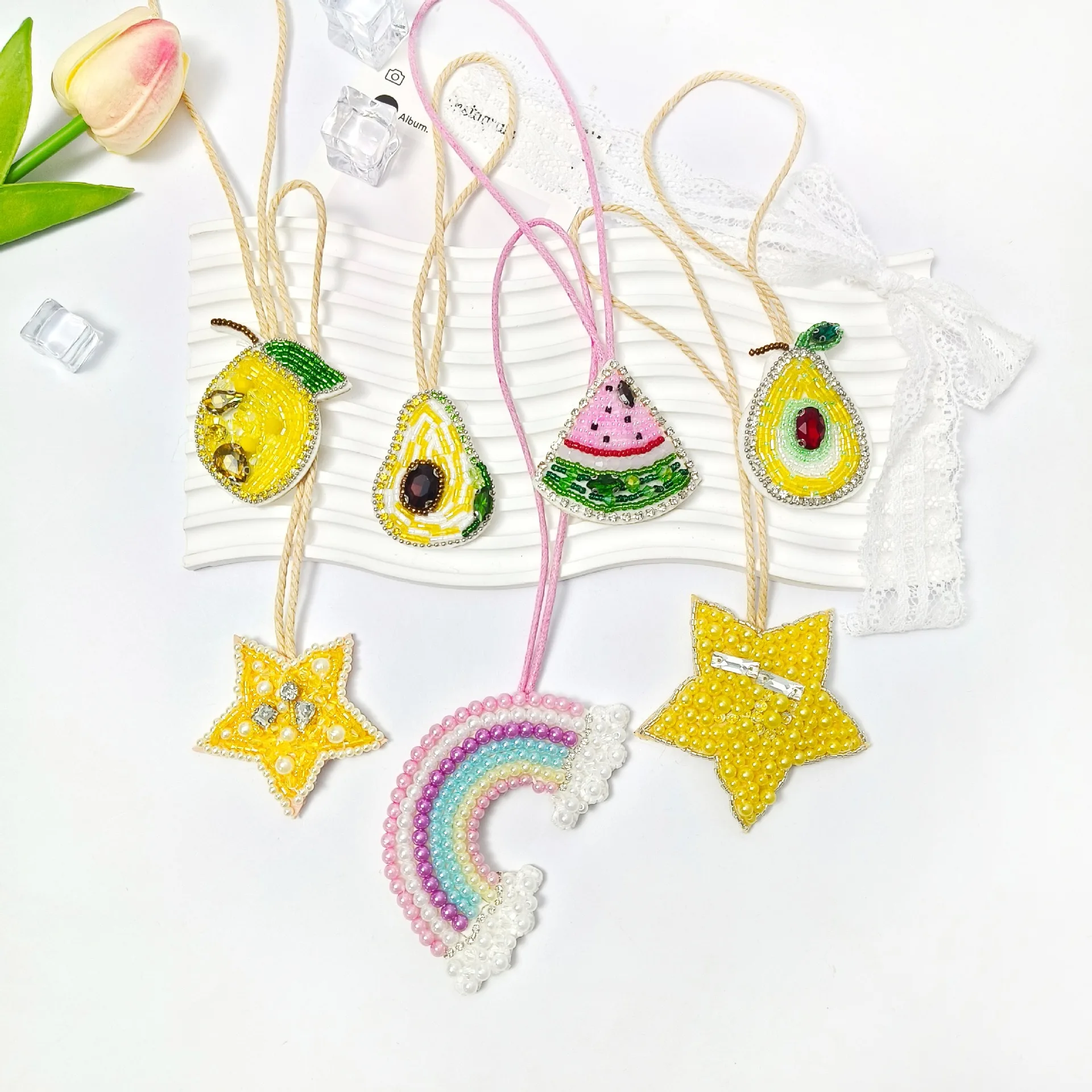 5-10cm Rhinestone Fruit Hanging Ornament Coconut Tree Star Butterfly Decoration Bag Backpack Pendant For Girls Gift Wall Decor