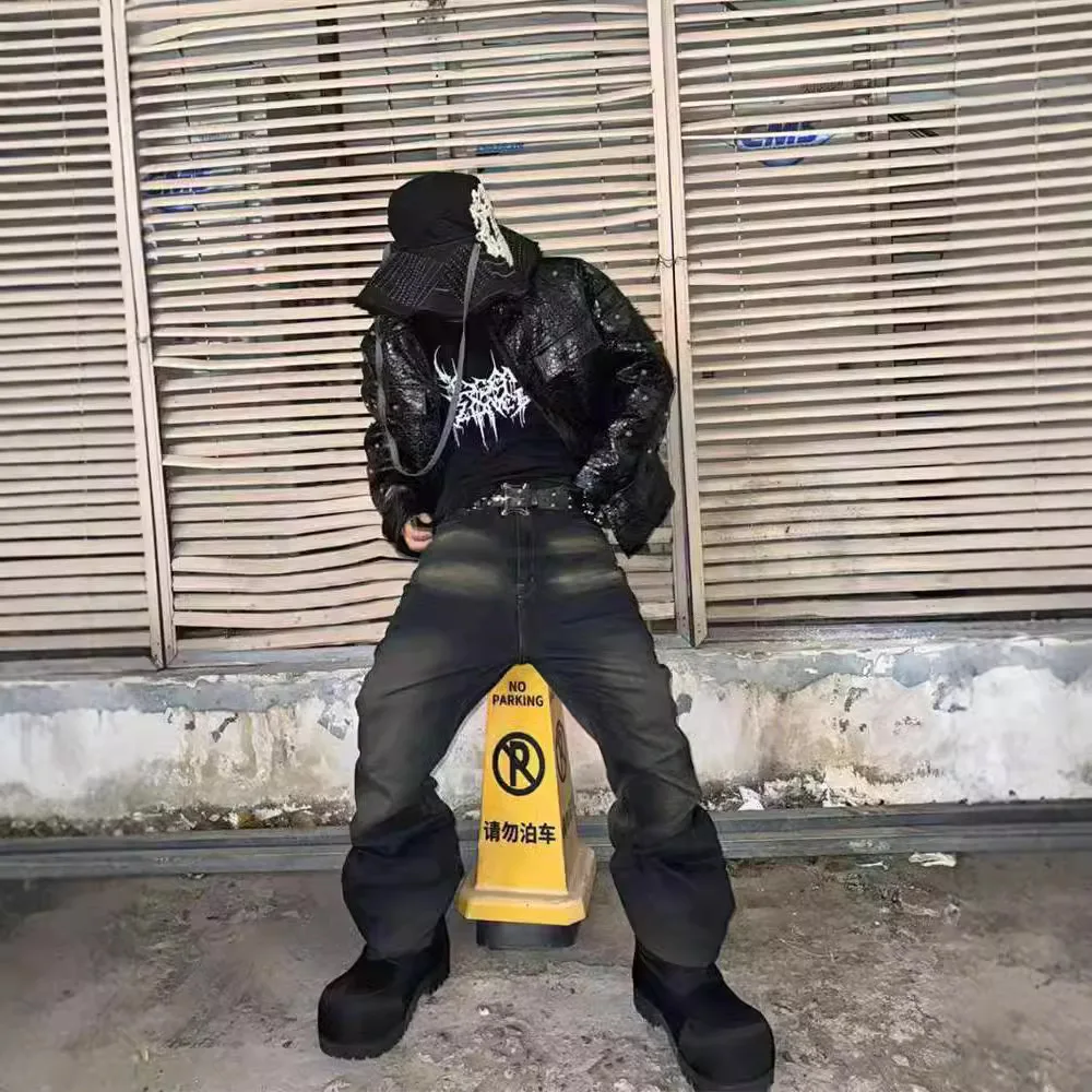 هاي ستريت RO جان السراويل الرجالية خمر التدرج الأزرق البني غسلها البوق واسعة الساقين تبدو سليم ممسحة الطابق التجاعيد الدنيم بانت