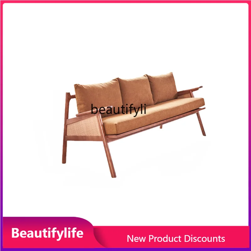 zHRattan Sofa Nordic Modern Home Three-Seat Combination Famous Simple Solid Wood Living Room Balcony Small Apartment Sofa