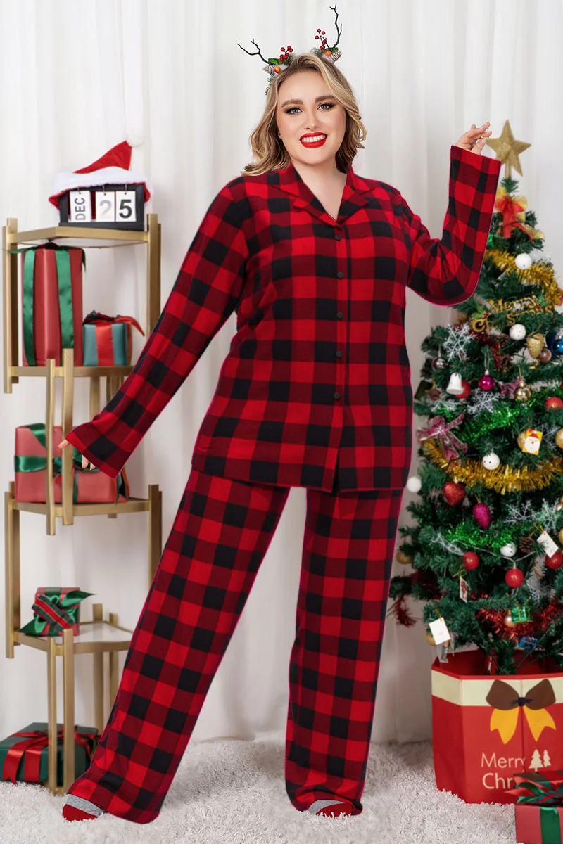 Flycurvy Plus Size Women\'s Christmas Pajama Red Chequered Print Long Sleeve Buttoned Sleepsuit Autumn Winter Christmas Tops 2024