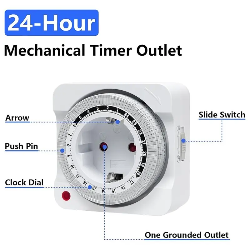 N04R EU Plug Mechanical Timer Socket, 24-Hour Analog Control& 96 On/Off Programs For Seasonal Lighting Applications