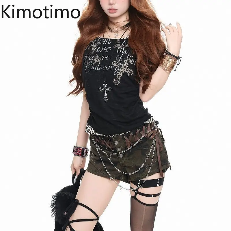Kimotimo Women T-shirts American Retro Leopard Cross Print Fake Two Piece Tops Sexy Spicy Girl Slim Y2k Aesthetic Tees Summer