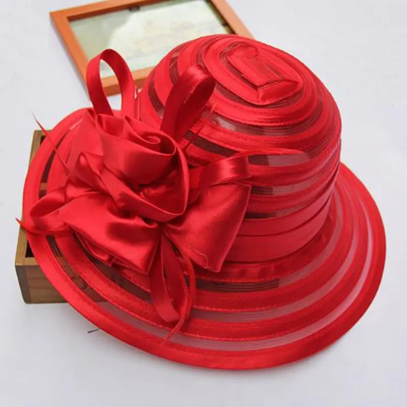 Nueva moda mujer verano Organza sombreros para el sol ala ancha con flor grande sombrero Fedora elegante señoras boda Iglesia fiesta sombrero