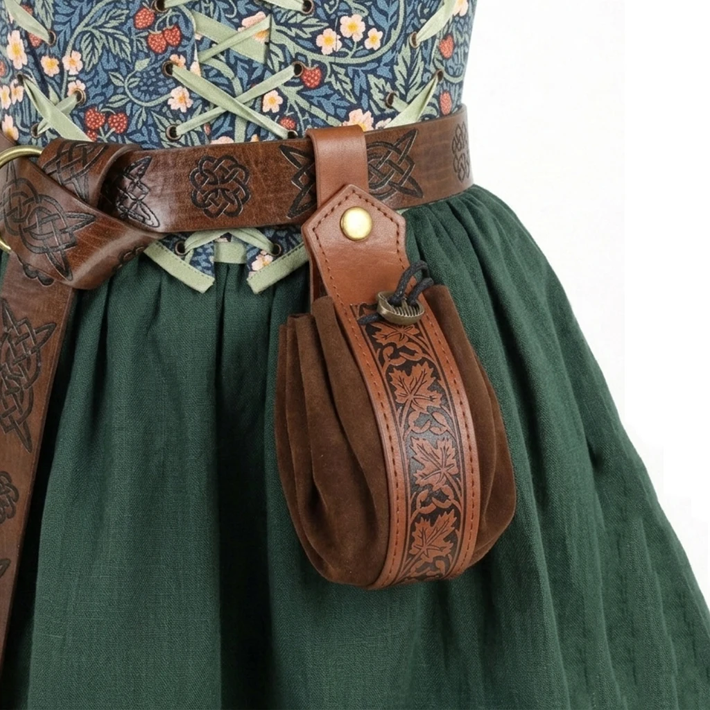 Medieval Viking Retro Embossed Drawstring Coin Purse Renaissance Portable Waist Bag Dice Bag for Halloween LARP Cosplay