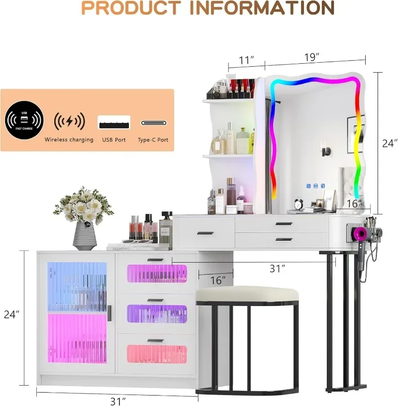 RGB Makeup Vanity Desk with Lights, Glass Top Vanity Table with 24 Color Dimmable Lights, Large Vanity Set with 8 Drawers